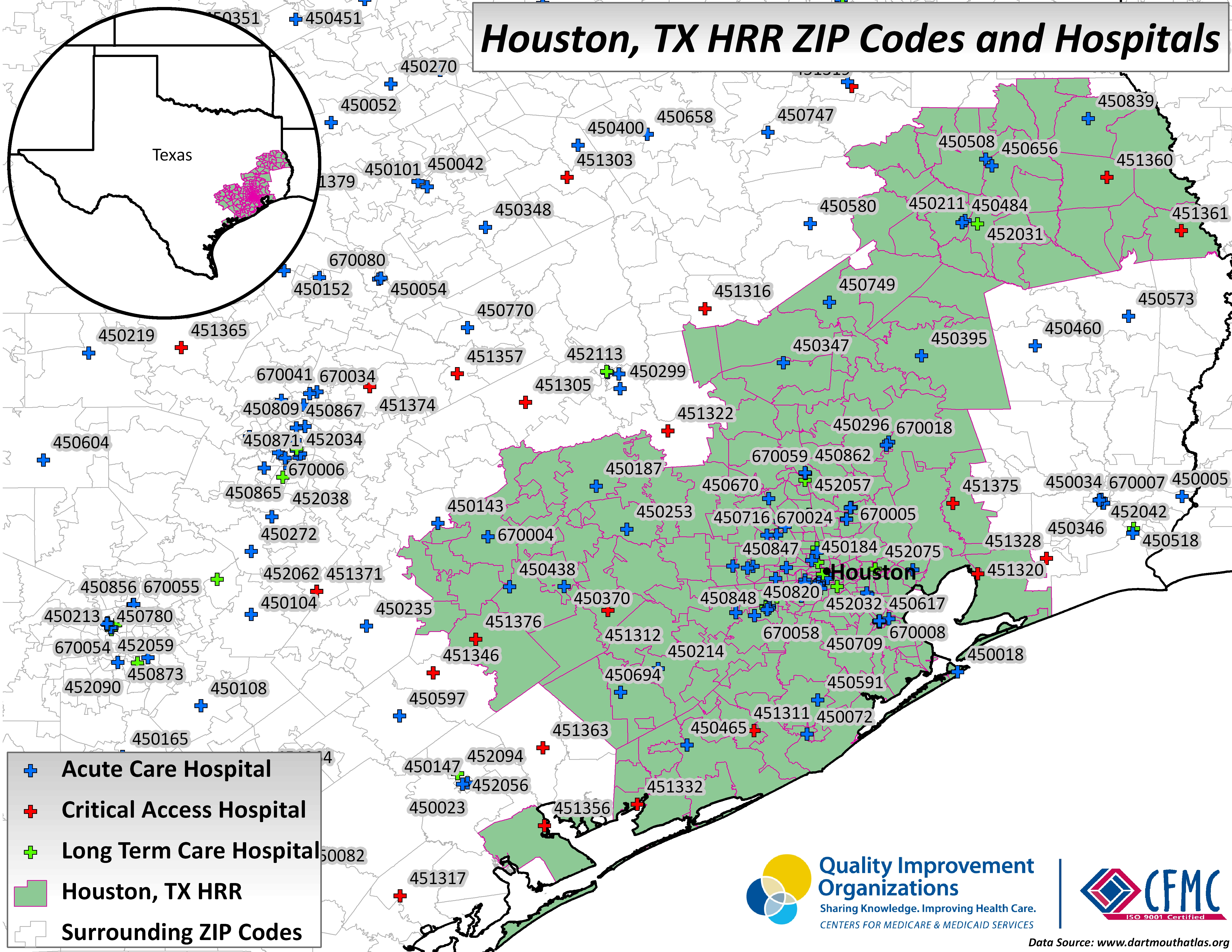 A map showing the location of healthcare providers by type in the area around Houston, Texas.
