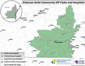 A map showing the zip codes and hospitals in the Arkansas Delta community area.