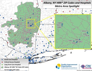 This is a map of the providers in the Hospital Referral Region of Albany, NY, with a spotlight and zoomed in image of the Metro Area.