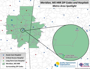 This is a map of the providers in the Hospital Referral Region of Meridian, Mississippi with a spotlight and zoomed in image of the Metro Area.