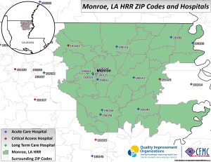 This is a map of the providers in the Hospital Referral Region of Monroe, Louisiana.