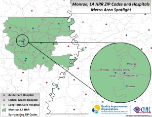 This is a map of the providers in the Hospital Referral Region of Monroe, Louisiana with a spotlight and zoomed in image of the Metro Area.