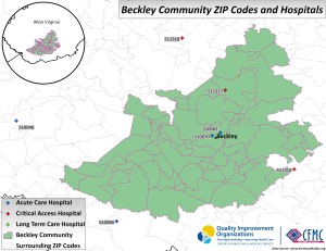 A map showing the zip codes and hospitals in the Beckley, West Virginia community area.