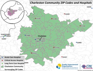 A map showing the zip codes and hospitals in the Charleston, West Virginia community area.