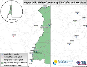 A map showing the zip codes and hospitals in the Upper Ohio Valley community area.